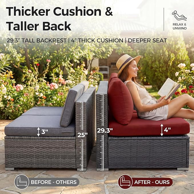 NICESOUL 15 Piece Wicker Outdoor Patio Furniture Set with Fire Pit, XL Size 12-Seater Patio Sectional with Firepit, All Weather 500 lbs Heavy Duty Outside Sofa, Grey & Red