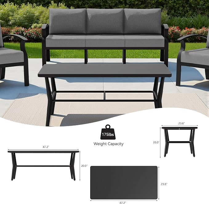 Kullavik Aluminum Patio Furniture Set,4 Piece Modern Metal Outdoor Patio Furniture w/5.1'' Thick Cushion and Rectangular Coffee Table,Patio Conversation Sets for Porch,Deck,Grey
