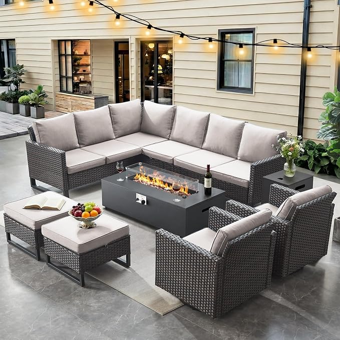 HUMMUH 9 Piece Patio Furniture Set,Outdoor Sectional Sofa Couch & Swivel Rocker Chairs,Propane Firepit with Hidden Fuel Tank,Outdoor Conversation Set for Porch,Garden,Backyard