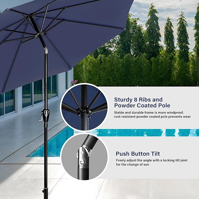 Simple Deluxe 2 Pack 9FT Outdoor Patio Umbrella Table Market Umbrella with Push Button Tilt and Crank, 8 Sturdy Ribs, UV Protection Waterproof for Garden, Lawn, Deck, Backyard, Pool, Dark Blue