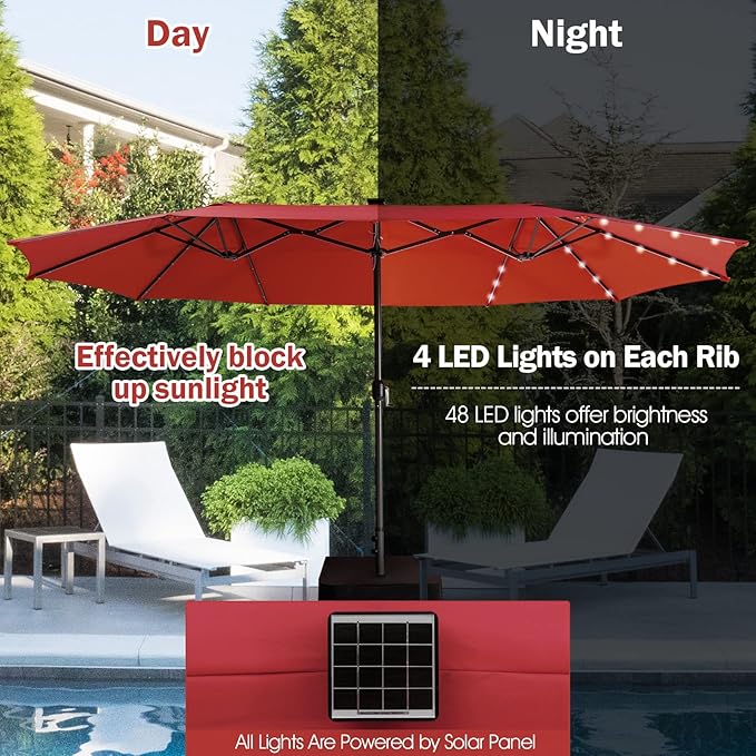 Giantex 15 FT Double Patio Umbrellas with 48 Solar LED Lights, Auto-Charging Panel, Crank System, Outdoor Extra-Large Rectangle Market Table Umbrella for Garden Deck Backyard Beach Pool