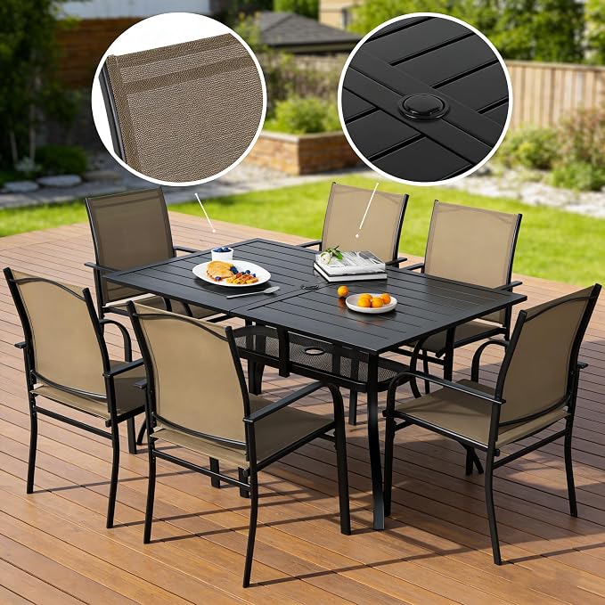 SUNCROWN 7 - Piece Outdoor Dining Set, Patio Furniture Set with 6 x Textilene Dinning Chairs and 1 Steel Slat Metal Bistro Table for Lawn Garden Backyard Deck, Brown