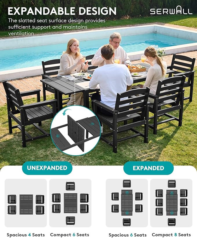 SERWALL HDPE and Aluminum Outdoor Dining Set for 8, Black | 60" - 83" Expandable Outdoor Dining Table and 8 HDPE Chairs, All Weather Outdoor Furniture Set