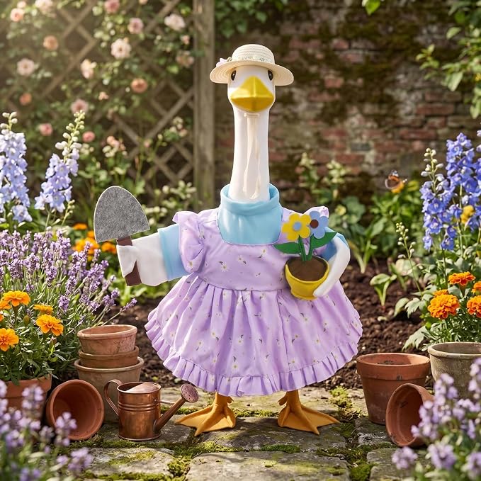 Erythem Gardener Porch Goose Outfits, Cute Spring Porch Goose Clothes with Straw Hat, Shovel & Flower Pot Fits 23" Cement Plastic Geese Statue for Outdoor Garden Yard Decor