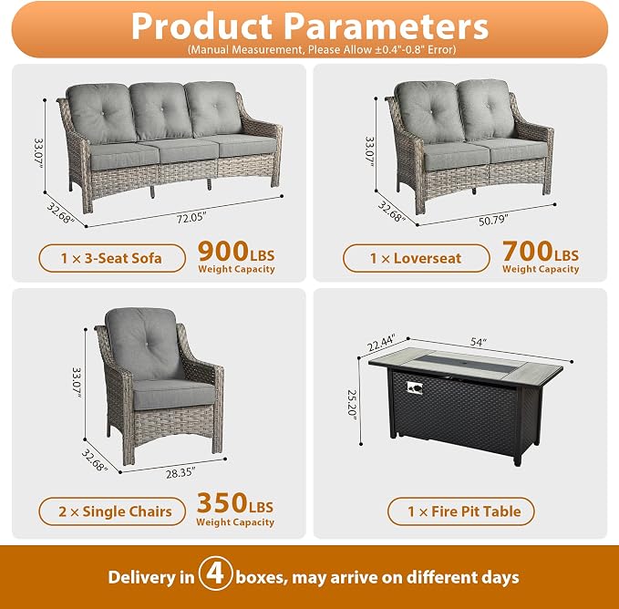 Outdoor Patio Furniture Sets, 5 PCS Patio Conversation Set Outside Rattan Sofa with 54 in Fire Pit Table Comfy Cushions Fit Backyard Porch Garden Poolside Balcony,Dark Grey