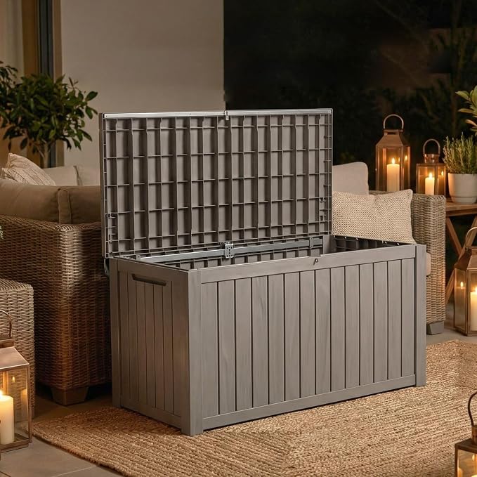 180 Gallon Outdoor Deck Boxes, IP68 Waterproof Outdoor Storage Box with Hydraulic Lid Support, Outside Resin Container for Furniture, Toy, Shoe, Garden & Patio Tools Storage -Brown
