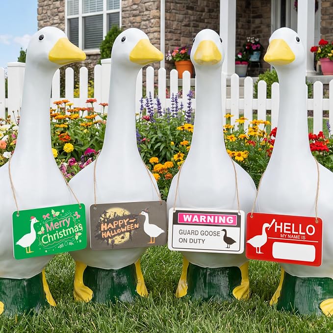 4PCS Writable Sign Board Set for 23 Inch Porch Goose Statue, Double-Sided Hanging Neck Signs with Rope, Goose Accessories for Daily Halloween Christmas Yard Decor (Sign Board Set)