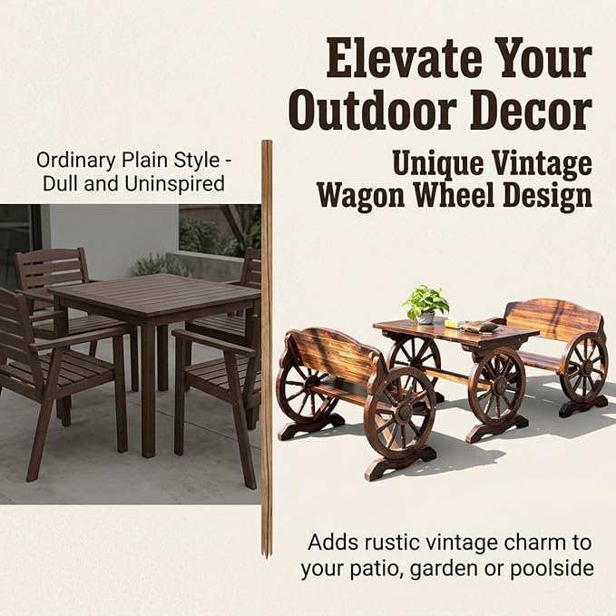 3 Pieces Patio Dining Set, Outdoor Wooden Rectangular Table and Benches,Rustic Wheel Bench Outside Furniture Set for Patio Porch,Deck, Lawn, Garden and Backyard(59in)