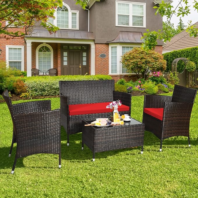 4 Pieces Patio Sofa Set, Wicker Conversation Set with Ergonomic Curved Backrest, Patio Rattan Furniture Set with Water-Resistant Cushion & Tempered Glass Table for Balcony, Porch (Red)
