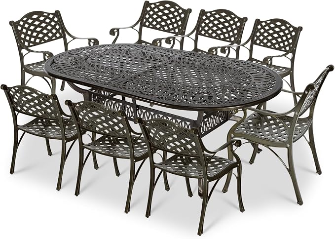 VIVIJASON 9-Piece Outdoor Dining Set, All-Weather Cast Aluminum Retro Patio Dining Set, Include 8 Chairs and an Oval Table with Umbrella Hole for Balcony Lawn Garden Backyard