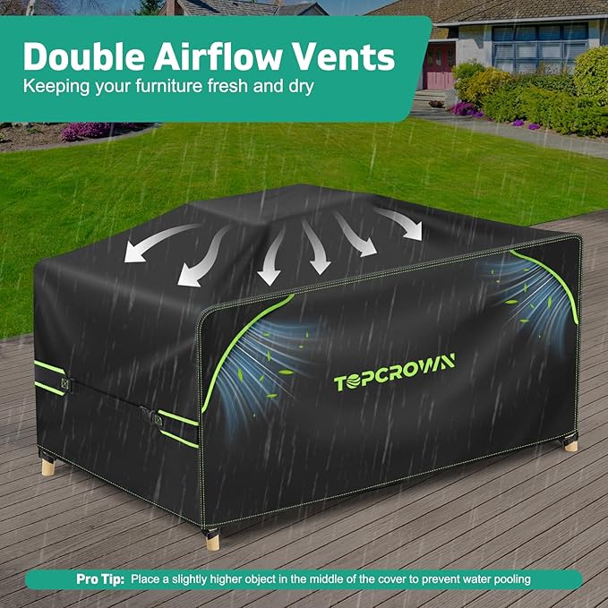 Topcrown Patio Furniture Covers Rectangular, Waterproof Anti-UV Oxford Fabric with Double Airflow Vents for Outdoor Dining Table and Chairs (420D Black+Green, 108"L x 82"W x 28"H)