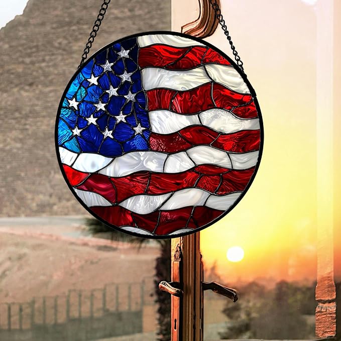 DASTOLL Stained Glass Window Hanging, Blue, White Red National Flag Pattern Sun Catchers Diamond Glass Panel Window Hangings Decor for Birthday Gifts for Women, Men, and Mom 14.9x14.9IN