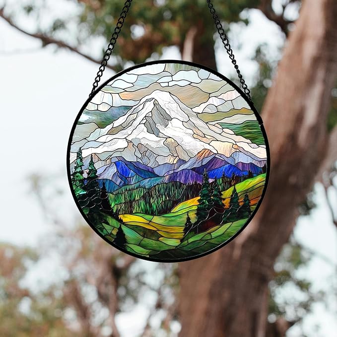 DASTOLL Stained Glass Window Hanging 4 Pcs Set Mountains Lake Green White Landscape 9.8" - Suncatcher Door Garden Sun Catcher Decor Birthday Christmas for Mom Woman Nana Men