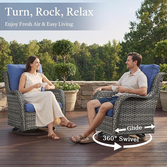 Outdoor Swivel Chairs-Patio Swivel Glider Chairs with Ottomans Outdoor Conversation Set for Deck Balcony Poolside Backyard-Grey/Blue