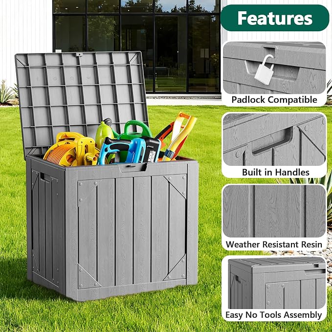 30 Gallon Outdoor Storage Box, Waterproof Resin Deck Box Organizer for Patio Cushion Storage, Lockable Outside Container for Garden Tools