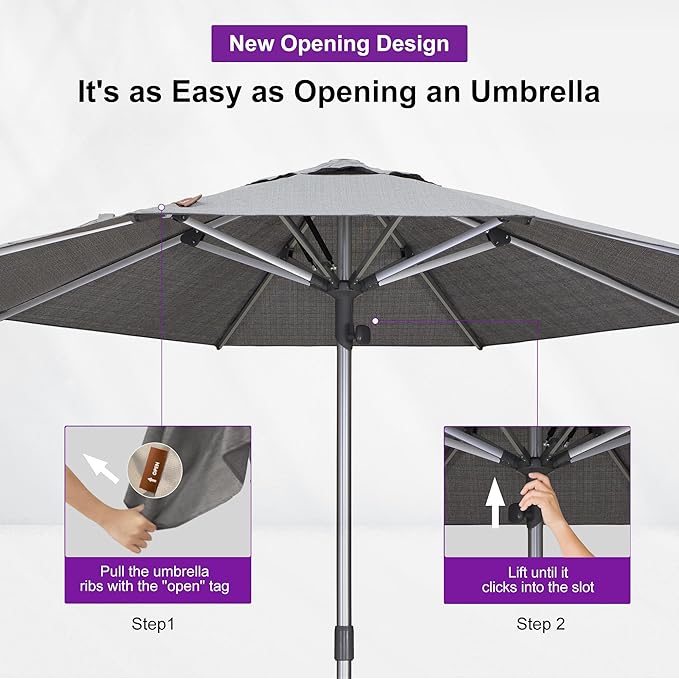 PURPLE LEAF 10 FT Semi-Auto Outdoor Patio Umbrella Market Table Sun Umbrellas with 8 Aluminum Sturdy Ribs for Backyard Deck Garden Pool (Silver Pole Gray Canopy)