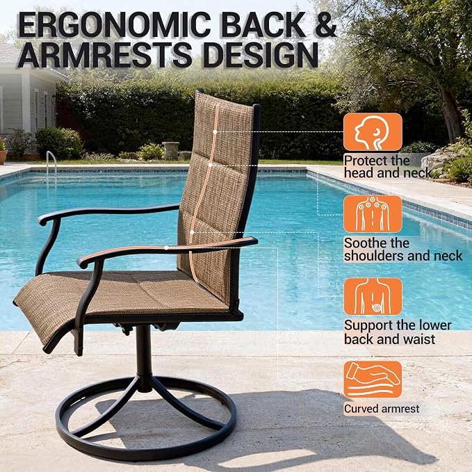 Patio Swivel Rocker Chairs Set of 8,Outdoor Dining Chairs High Back,15° Gentle Rocking Patio Chair with Padded Textilene, Metal Frame for Poolside Lawn Garden,Brown(8 PCS)