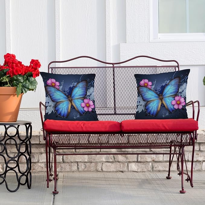 Swono Butterfly Farmhouse Throw Pillow Covers, Wild Butterflies Rose Flowers Maple Set of 2 Cushion Case Pillow Cover for Bed Sofa Couch, Blue Square Throw Pillowcases for Men Women 18x18 Inch