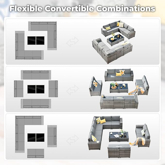 ovios 12 Pieces Patio Furniture Set, Outdoor Wicker Sectional Sofa with Coffee Table Comfy Cushions, Modern Modular Deep Seat Couch Rattan Conversation Set, Dark Grey