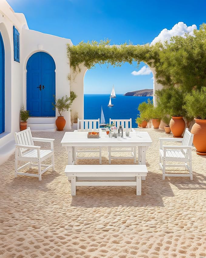 Outdoor HDPE Dining Set for 6, Patio Dining Furniture Set with Umbrella Hole Table and 1 Bench and 4 Chairs, All Weather Outdoor Dining Bench Sets for Poolside, Garden, Deck, White