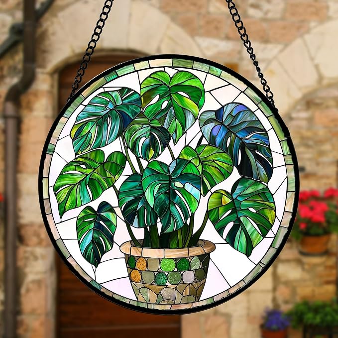 DASTOLL Stained Glass Window Hanging, Green Plant Monstera t Suncatcher Diamond Colorful Glass Panel Sun Catchers Decor for Birthday for Women, Men, Wife, Aunt, and Mom 6.3 in