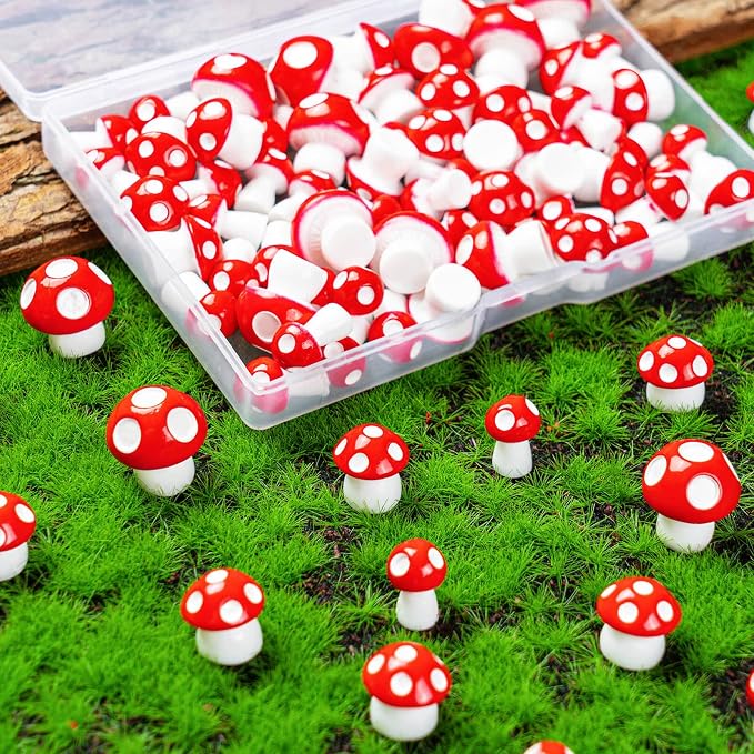 180pcs Miniature Mushrooms, 3 Size, Red | Tiny, Cute, Fairy Garden, Mini Resin Figurines, Cake Topper Statue Decoration for Bonsai Micro Landscape Garden Craft