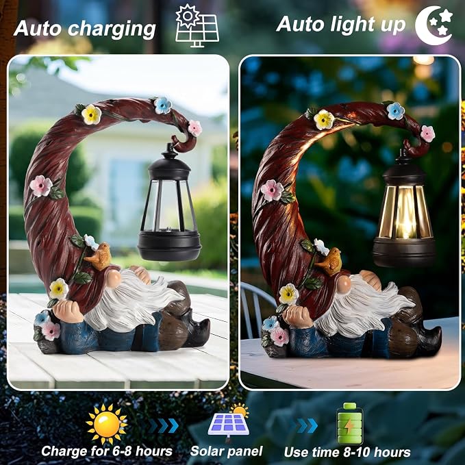 twinbling Garden Gnomes Outdoor Statue with Solar Light, Waterproof Resin Gnome Decor, Funny Garden Sculptures for Patio Lawn Yard, Mom Gifts for Mother’s Day Housewarming