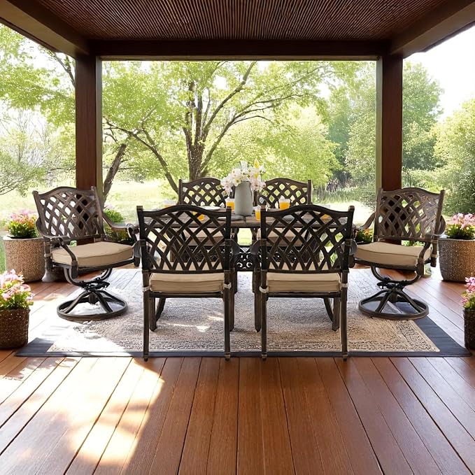 7 Piece Cast Aluminum Outdoor Dining Set, Retro Patio Dining Furniture Set for 6 Includes 59” Table 2 Swivel & 4 Stackable Lattice Chairs with Cushions and 2“ Umbrella Hole for Porch Poolside Garden