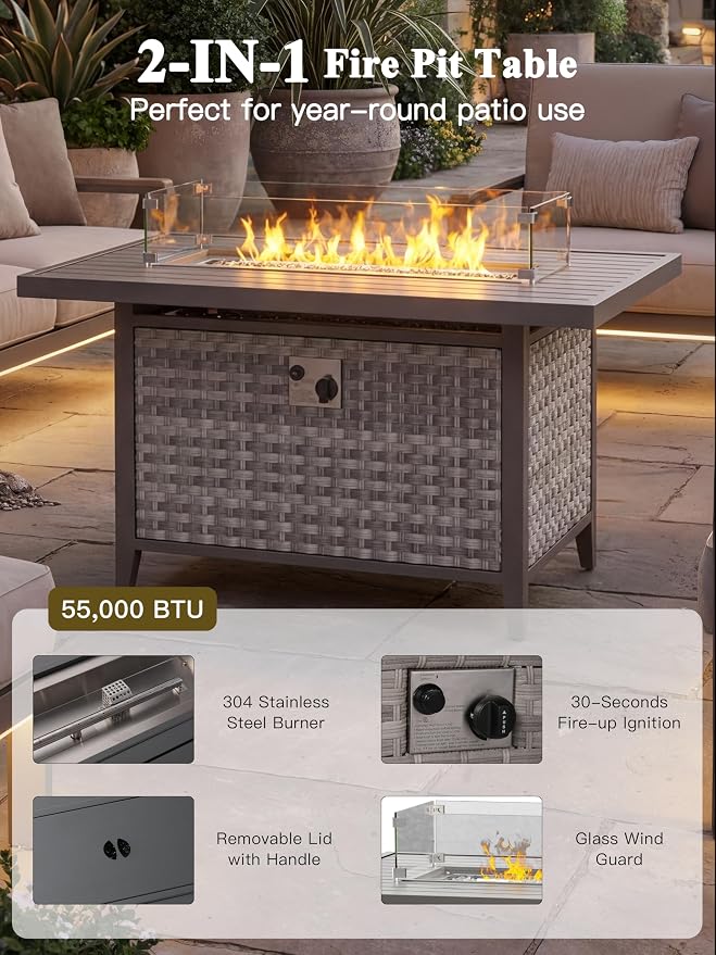 7-Piece Outdoor Conversation Set with 43" Fire Pit Table, 4 Swivel Rocking Chairs (4" Cushions) & 2 Side Tables, All-Weather PE Rattan & Steel Frame for Porch, Deck, Backyard, Blue