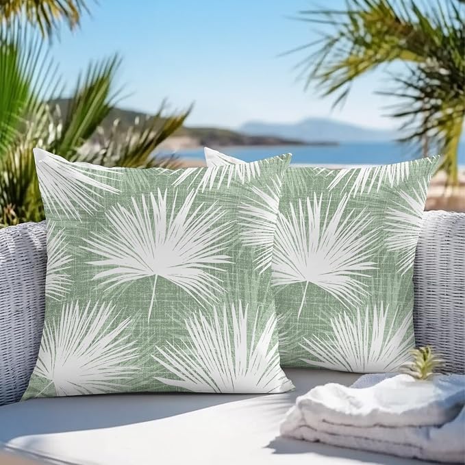Throw Pillow Covers 26x26 Inch Set of 2, Sage Green Palm Leaves Coastal Waterproof Outdoor Pillow Covers, Summer Tropical Botanical Decorative Cushion Pillowcases for Couch, Sofa, Bed, Garden, Patio