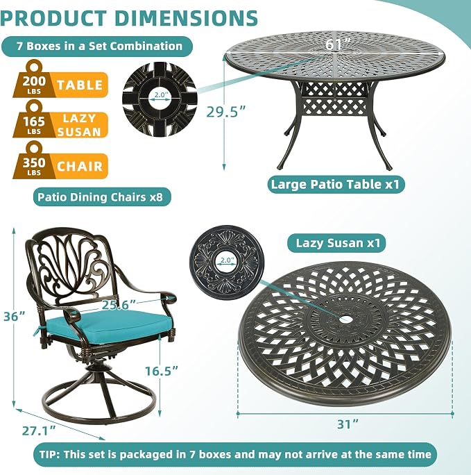 MEETWARM 9-Piece Outdoor Patio Dining Set, All-Weather Cast Aluminum Patio Conversation Set- 8 Cushioned Swivel Rocker, 61" Round Patio Dining Table w/Detachable Lazy Susan/Umbrella Hole, Ocean Blue