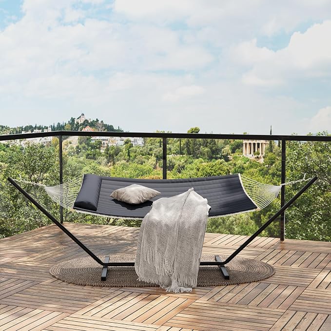 Double Hammock with Stand for 2, Heavy Duty 350 Lb Capacity Portable Rope Hammock for Indoor & Outdoor Use, Includes Padded Mat and Pillow, Tool-Free Easy Assembly, Dark Gray