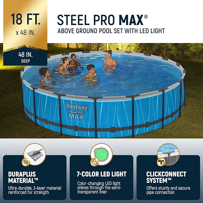 Bestway Steel Pro MAX 18' x 48" Above Ground Pool, Round Metal Frame Outdoor Swimming Pool Set with LED Light, Filter Pump, Ladder, & Cover, Dark Gray