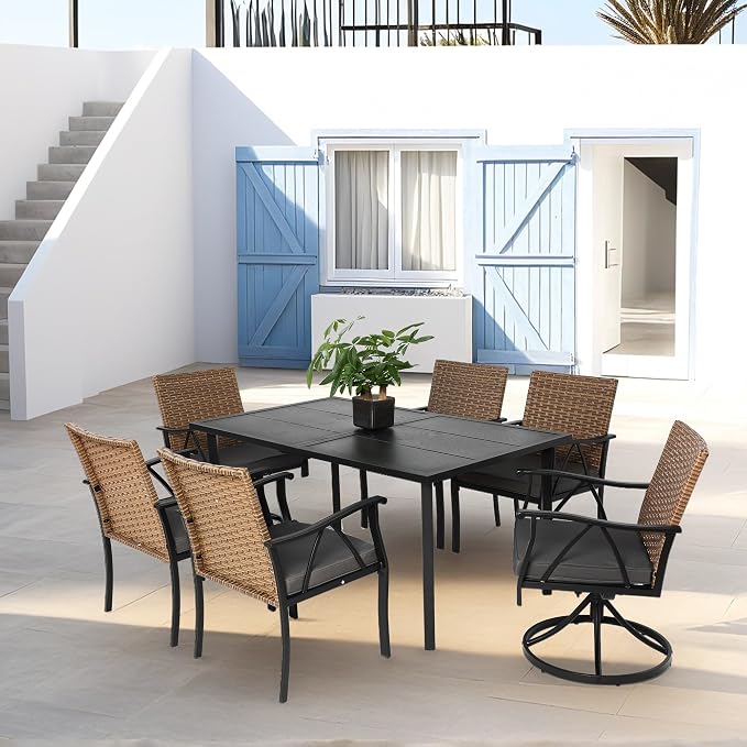 KEIKI Outdoor Dining Set, 7 Pieces Patio Furniture Set with Steel Tabletop and Swivel Chairs, Wicker Table and Chairs Set with Umbrella Hole for Backyard, Garden and Deck