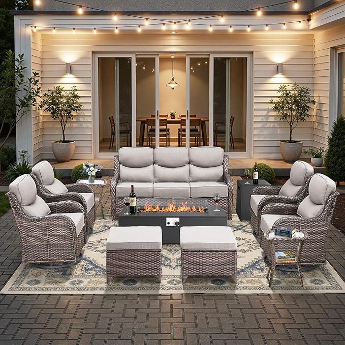HUMMUH Luxury Patio Furniture Set 6-inch Thick Cushions High Back Swivel Rocker Chairs & 3 Seater-Couch & Steel Fire Pit Table 11 Pieces Outdoor Conversation Set for Porch,Deck,Backyard