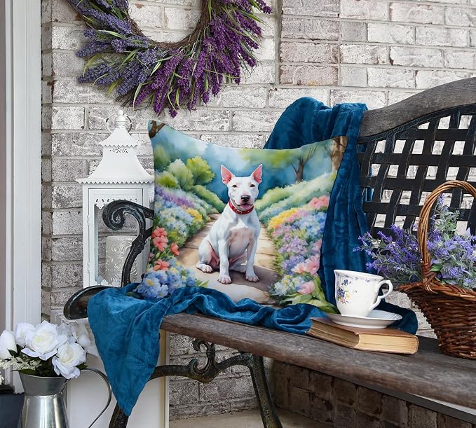 Caroline's Treasures Bull Terrier Spring Path Throw Pillow Machine Washable, Indoor Outdoor Decorative Pillow for Couch, Bed or Patio, 18Hx18W