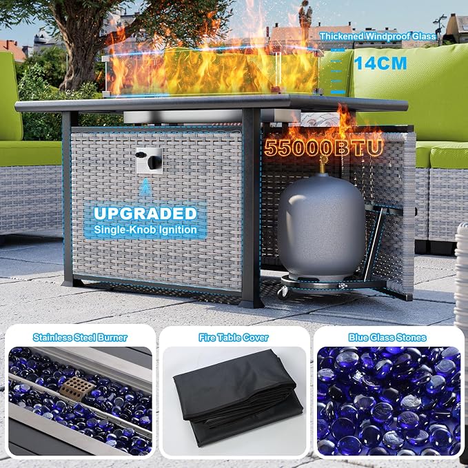 8-Piece Patio Furniture Set, Outdoor Patio Furniture with 55,000 BTU Fire Pit Table, Thick Cushions, Modular Patio Sofa, Dual-Strand Wicker Rattan, Rust-Resistant Frame, Grass Green
