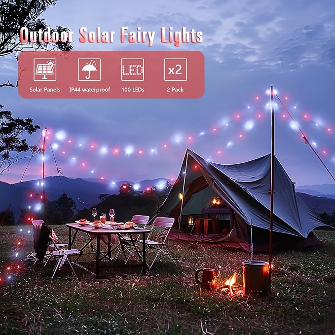 JMEXSUSS 2 Pack Solar Fairy Lights, Each 33FT 100 LED, Red and White | Outdoor Waterproof, 8 Modes Copper Wire Solar String Lights for Outside Patio Garden Yard Christmas Decorations