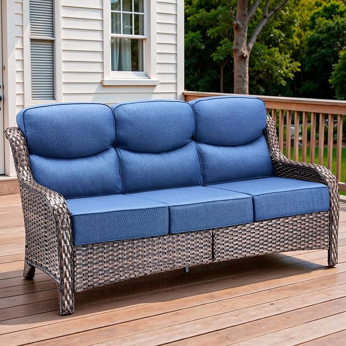 3 Pieces Patio Sofa Set with 6" Thick Cushions, High Back Wicker Sectional Outdoor Sofa with Ottomans, Outdoor Seating Furniture High Back Conversation Set for Balcony Deck Porch Backyard, Brown/Blue