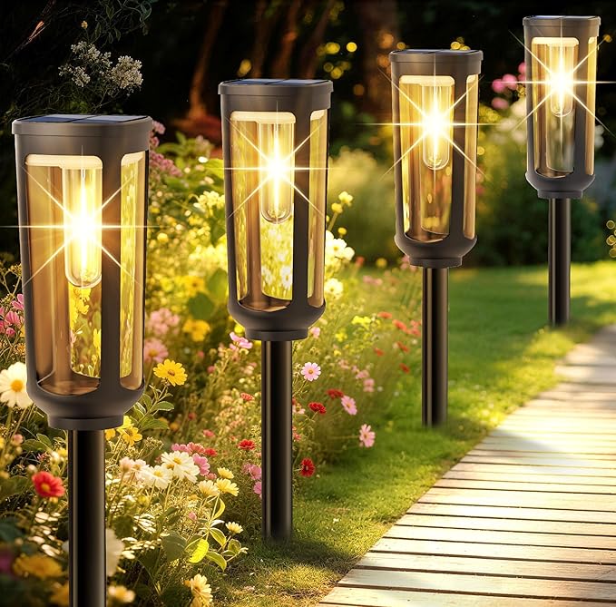 Solar Pathway Lights Outdoor,4 Pack Warm Garden Lights Solar Powered Waterproof IP65,Auto On/Off Outdoor Light for Lawn Patio Walkway Driveway Decor Landscape Lighting