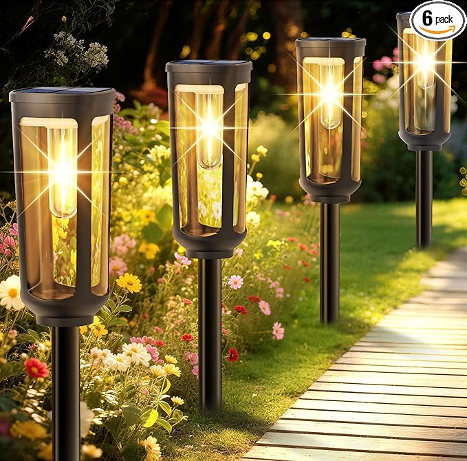 Solar Pathway Lights Outdoor,6 Pack Warm Garden Lights Solar Powered Waterproof IP65,Auto On/Off Outdoor Light for Lawn Patio Walkway Driveway Decor Landscape Lighting