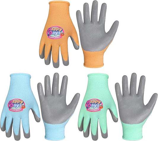 HANDLANDY 3 Pairs Kids Gardening Gloves, Grippy Kids Work Gloves, S | Foam Nitrile Coated Children Toddler Garden Yard Work Cycling Outdoor Playing Gloves for Girls Boys