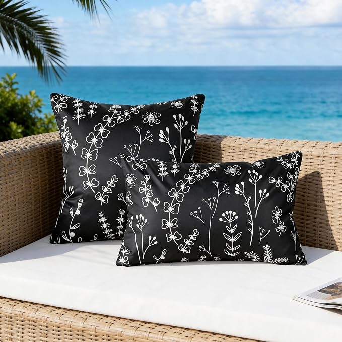 Black Floral Outdoor Pillow Covers 12x20 Inch Set of 2 | Waterproof Throw Pillow Cover, Summer Decorative Outdoor Cushion Cases for Patio Garden Beach Tent Balcony Couch Sofa