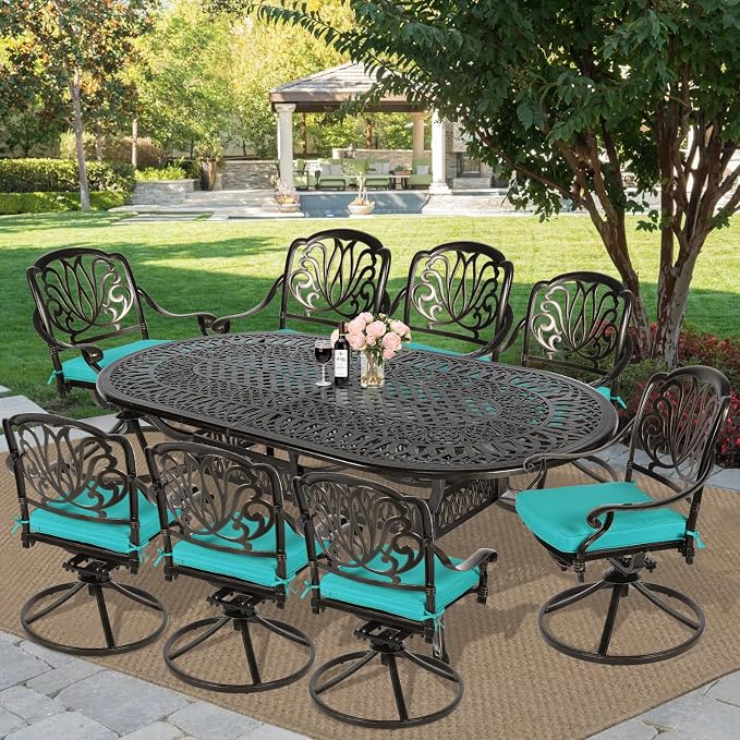MEETWARM 9-Piece Outdoor Patio Dining Set, All-Weather Cast Aluminum Patio Conversation Set for Backyard Garden Deck with 8 Cushioned Swivel Rocker Chairs, 1 Oval Table, 2" Umbrella Hole, Ocean Blue