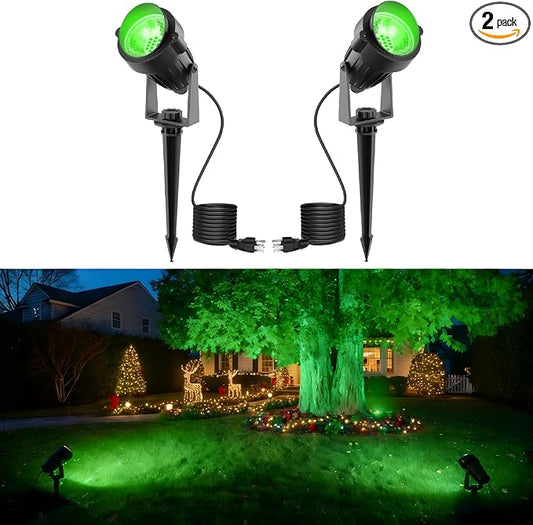 L LOHAS LED Green Outdoor Spotlight 5W Dusk to Dawn Landscape Light 2 Pack | Green Holiday Spotlights with Auto On/Off Function, Outdoor Tree Lighting for Christmas, Yard and Garden Decoration