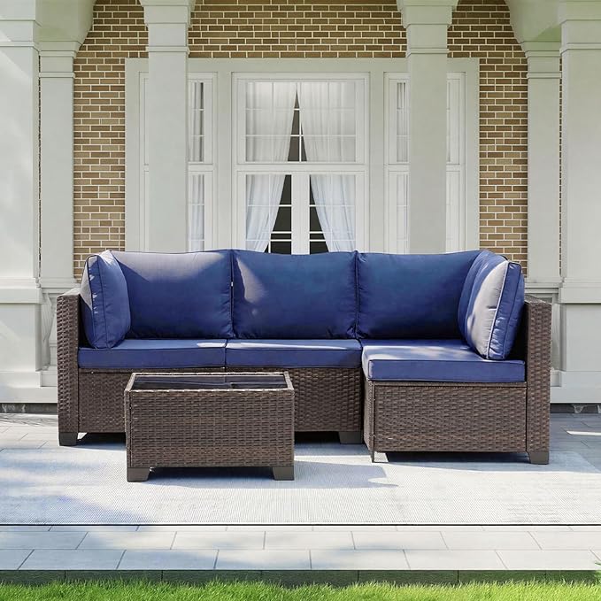 MOCHITO 5 Pcs Outdoor Patio Furniture Sets Brown Rattan Blue Cushions | All-Weather Sectional Sofa, with Glass Table, PE Rattan Wicker Patio Furniture , Washable Cushions, for Balcony Porch Garden
