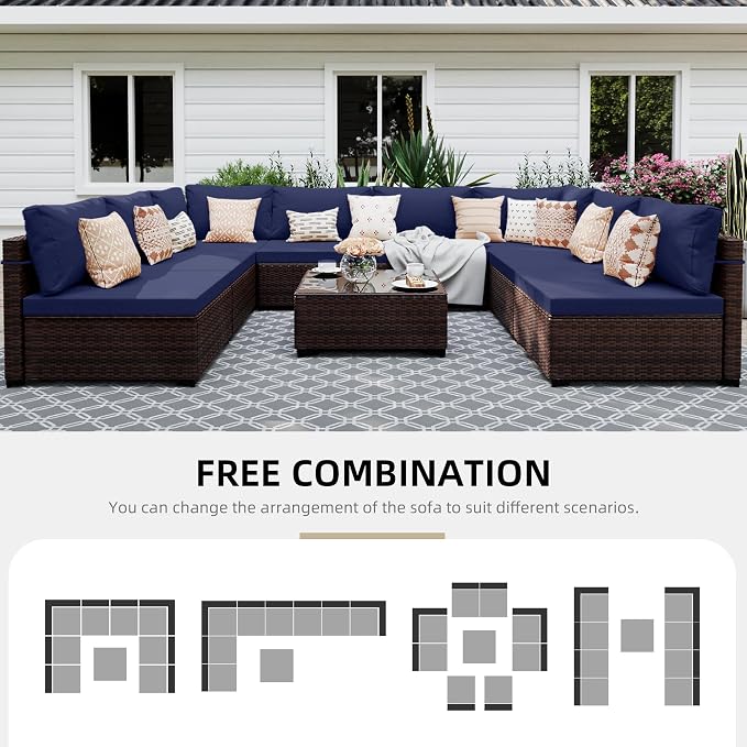 UPHA 9 Pieces Patio Furniture Sets, Wicker Outdoor Sectional Sofa Couch with Coffee Table, Patio Conversation Set for Deck Backyard Garden, Brown Rattan, Navy Blue Cushion