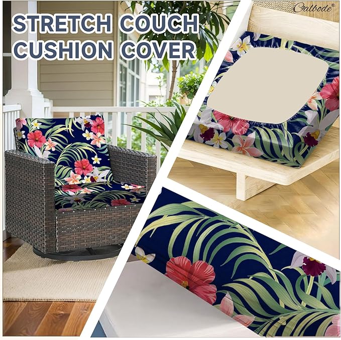 CALBODE 14 Pcs Stretch Outdoor Seat Cushion Covers, Washable Chair Seat Cover for Patio Furniture Cushions Soft Indoor and Outdoor Couch Cover Replacement (Tropical Floral,Black, Cover Only)