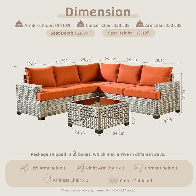 CAODOC 6 Pieces Outdoor Sectional Patio Furniture Set,Wicker Conversation Sets L Shaped Couch,Outdoor Sofa Outside Furniture with Solar Table Light(Red)