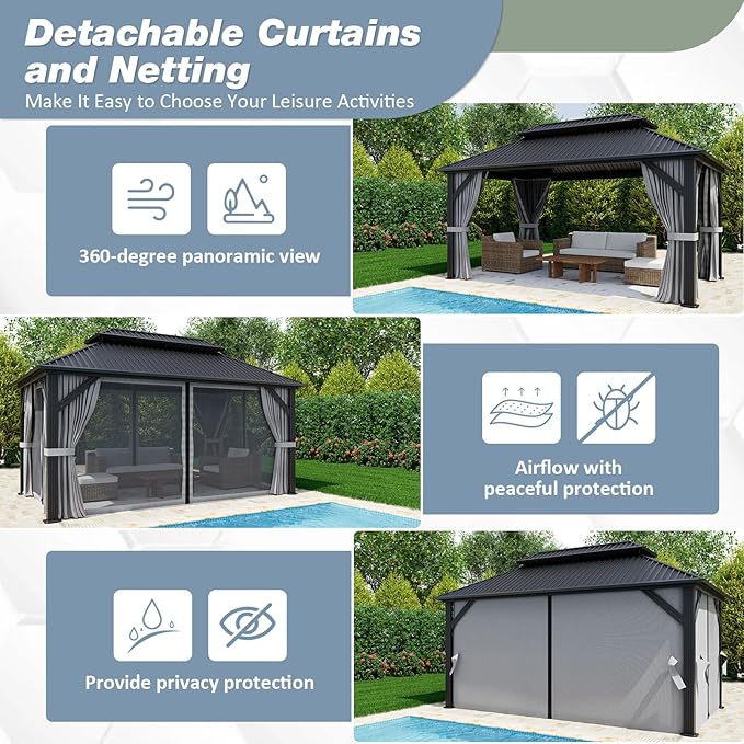 10'x14' Outdoor Gazebo Hardtop Permanent Gazebo Aluminum Galvanized Steel Double Roof Outdoor Pergola Include Curtain and Netting for Backyard, Patio, Lawn
